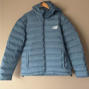 New Balance Puffer Jacket Men's Medium Slate Blue Hooded Insulated Full Zip